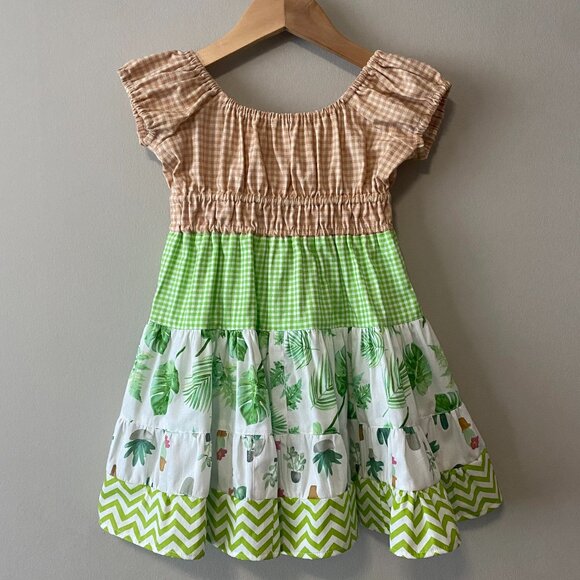 Handmade Children's 100% Cotton Tan White Green Gingham Multi Pattern Dress - Picture 1 of 12